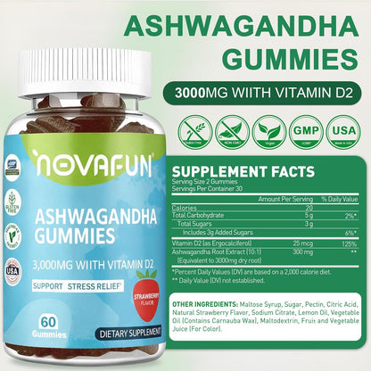 Ashwagandha Gummies with Vitamin D2, 3000mg Ashwagandha for Stress Relief and Immune Support, Vegetarian & Gluten-Free, Strawberry Flavor, 60 Count