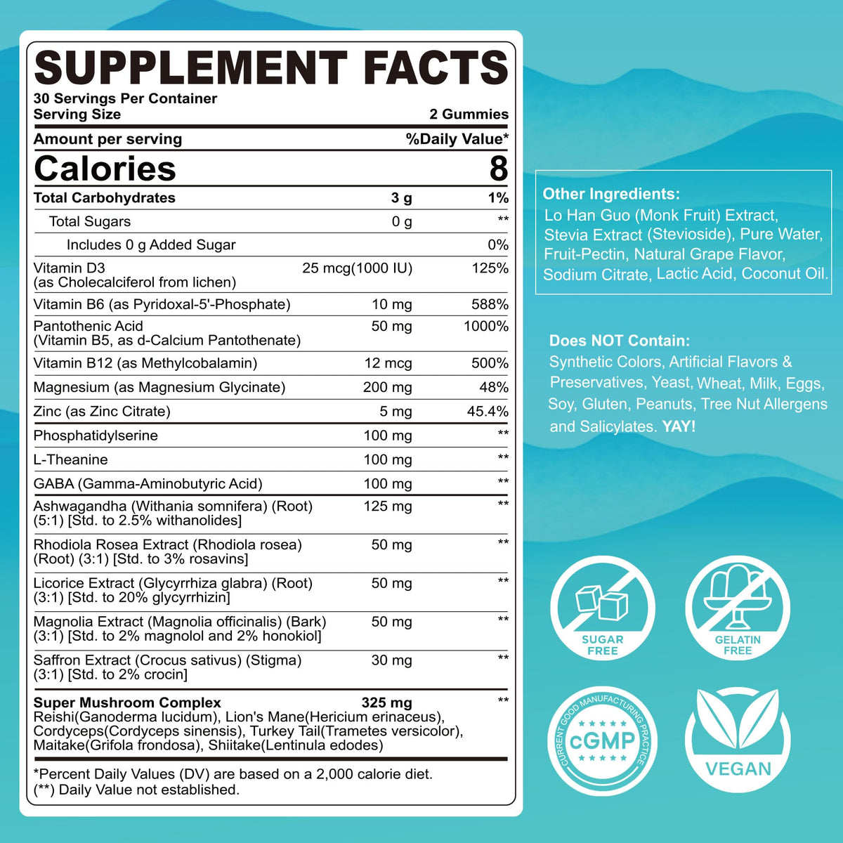 Cortisol Gummies for Women & Men, Sugar Free Cortisol Reducer Supplements w/ Magnesium, Ashwagandha, Mushroom, L-theanine, Rhodiola, Vitamin B6 B12 for Cortisol Detox, Relax, Sleep Support 2 Pack