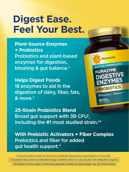 Renew Life Florazyme Digestive Enzymes with Probiotics | Doctor Formulated | Helps Occasional Gas, Bloating & Discomfort | Digestive & Immune Health