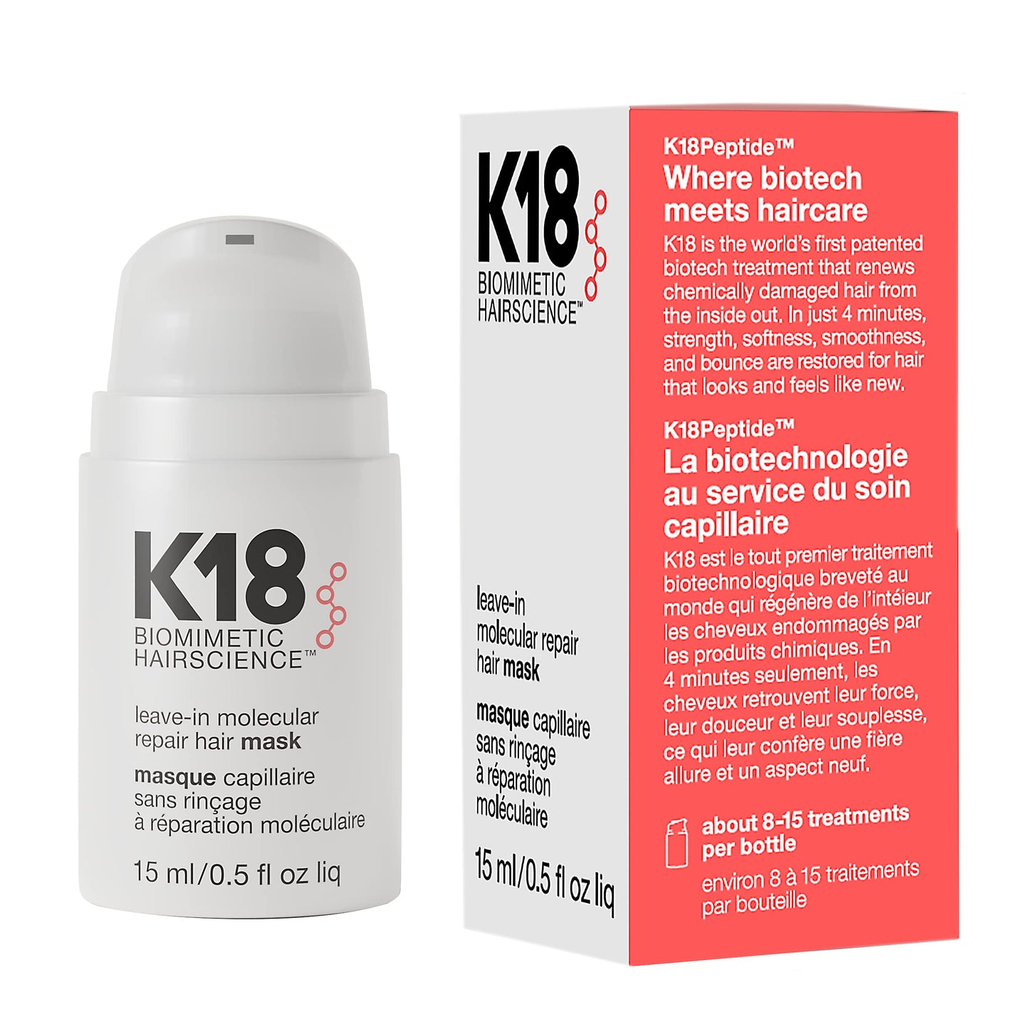K18 Leave-In Molecular Repair Hair Mask - Peptide Hair Treatment Mask for Bleach, Color, Chemical + Heat Damaged Strands - Immediate