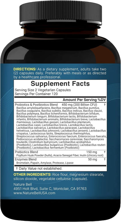 NatureBell Probiotics 200 Billion CFU Per Serving, 40 Strains, 240 Capsules | 4-in-1: Probiotics, Prebiotics, Postbiotics & Enzymes. Full-Spectrum, Multi-Strain. For Men & Women. Vegetarian, Non-GMO.