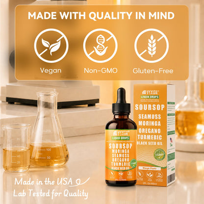 Soursop Bitters Liquid Drops 10 in 1 with Sea Moss, Moringa, Turmeric, Black Seed Oil, Oregano, Ashwagandha | Herbal Extracts for Overall Health-Enhancing |Vegan, Non-GMO| 2 Fl Oz(Mixed Berry Flavor)