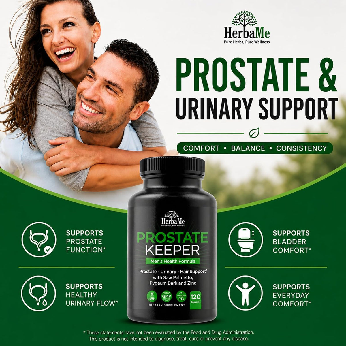 HerbaMe Prostate Support Supplement for Men with Saw Palmetto, Pygeum Bark & Zinc – Supports Healthy Urinary Flow, Bladder Comfort & Prostate Function, Daily Men’s Wellness Formula, 120 Capsules