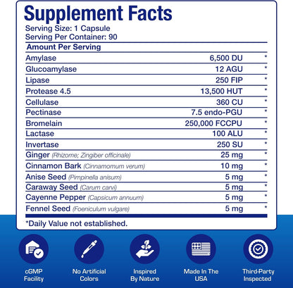 Plant Based Multi Digestive Enzymes Supplement - Clinically Formulated Digestion Supplement with Soothing Herbs and Enzymes for Women and Men for Protein Carb & Fat Digestive Complete (90ct)