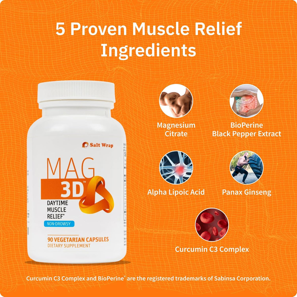 SaltWrap Mag 3D Daytime Non-Drowsy Leg Cramp & Muscle Relief, 90 Caps | Made in USA GMP Facility, Alpha Lipoic Acid with Turmeric Curcumin C3 and BioPerine for Nerve Health and Circulation