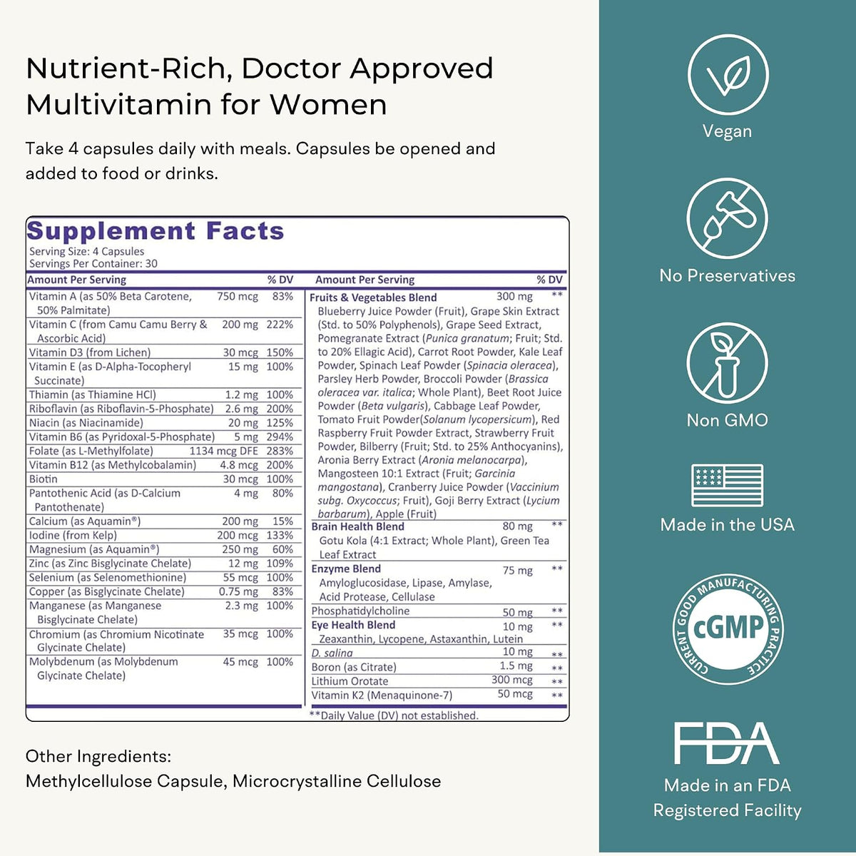 Multivitamin for Women (120 Vegetarian Capsules) Whole Food Vitamin with Essential Nutrients, Natural Calcium, Magnesium, Selenium, Zinc, Biotin, Vitamin A, B6, C, D3, E, K and More