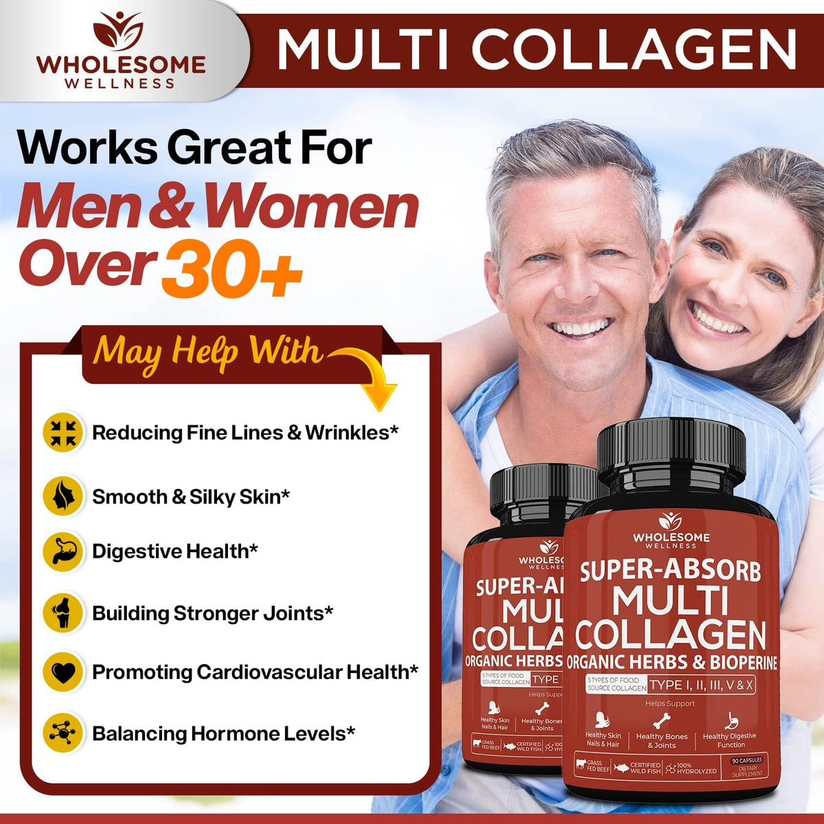 Wholesome Wellness Digestive Enzymes 1000MG Plus Prebiotics & Probiotics Supplement + Super-Absorb Multi Collagen Pills (Type I II III V X) Organic Herbs and Bioperine Bundle