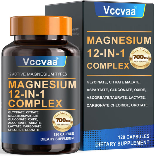 Magnesium Complex 700mg – 12-in-1 Magnesium Supplement with Glycinate, Citrate, Malate, Oxide, Taurate & More – High Absorption for Muscle, Heart, Sleep, Bone, Nerve Support –120 Capsules VccvaaBuy Supplements Australia