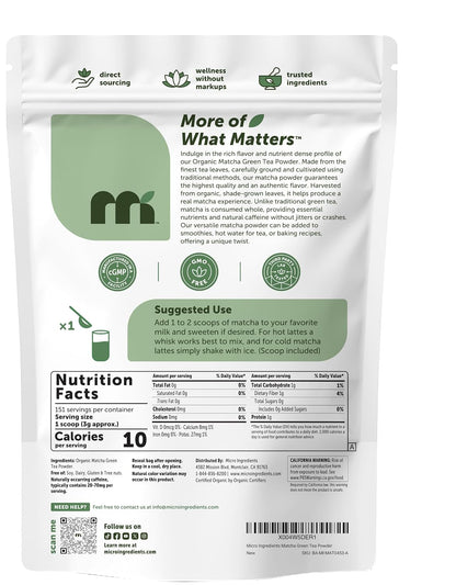 Micro Ingredients Organic Matcha Green Tea Powder, First Harvest, Culinary Grade from Japan, 100% Pure & Unflavored, Great for Tea, Latte, & Smoothies, Non-GMO, No Sugar, Eco-Friendly Packaging, 1 Lb