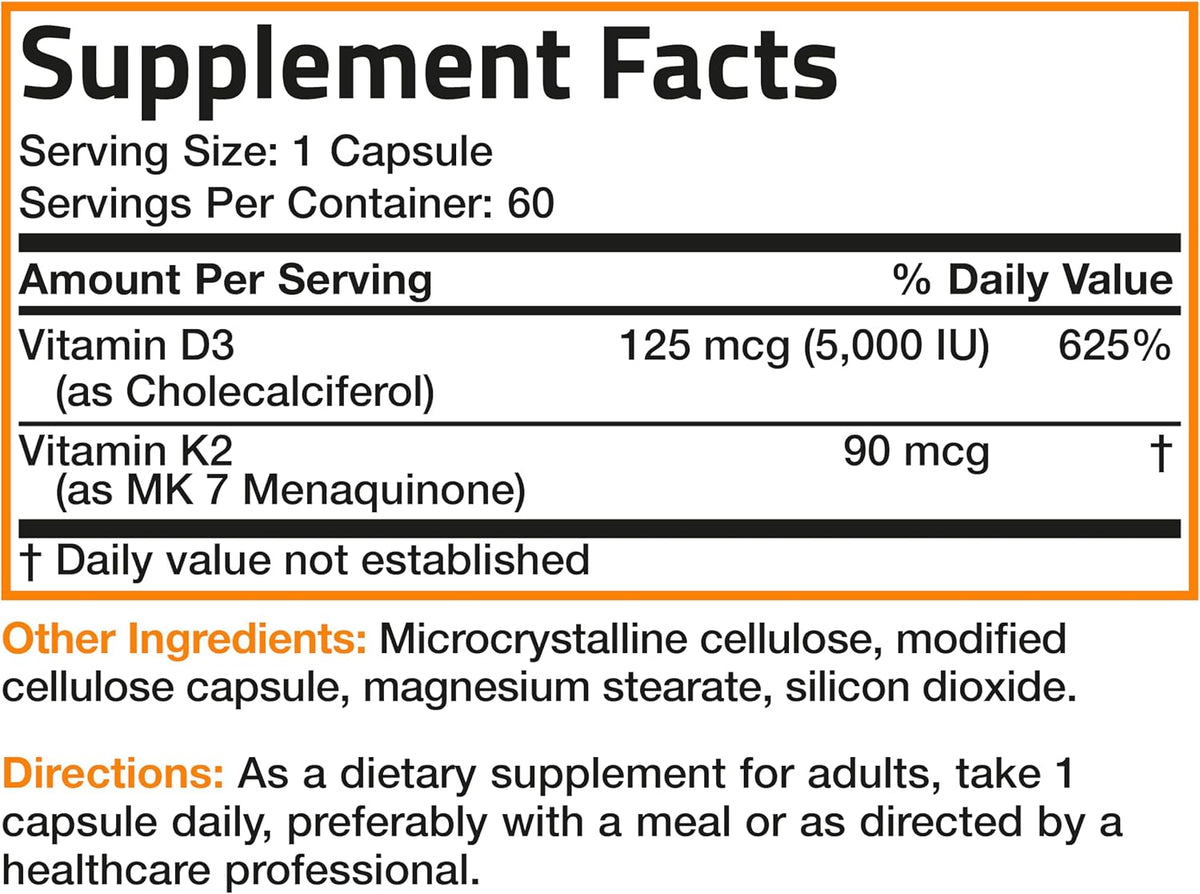 Bronson Vitamin K2 D3 (MK7) Supplement 2-in1 D3 & K2 Complex, 60 Capsules | Bone, Immune & Heart Health Support, Gluten Free, Soy Free, Non-GMO, Vitamin D3 5000IU (125 mcg) & 90 mcg K2 MK-7