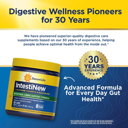 Renew Life IntestiNew Intestinal Lining Support Formula, Powder Supplement Supports Digestive Health, L-Glutamine