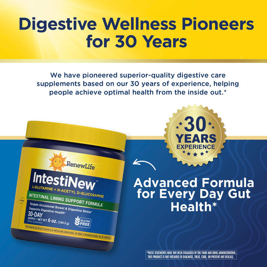 Renew Life IntestiNew Intestinal Lining Support Formula, Powder Supplement Supports Digestive Health, L-Glutamine