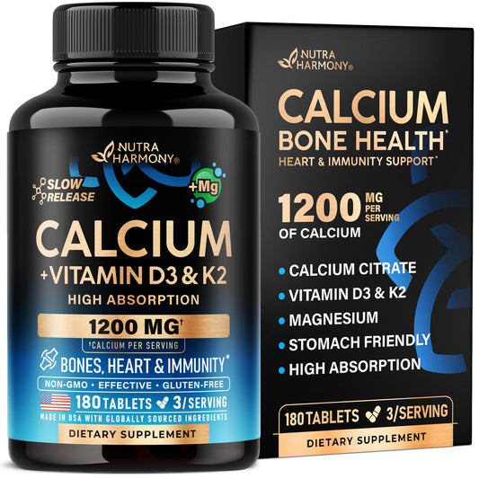 Calcium 1200 mg with Vitamin D3 - Calcium Citrate Supplements for Women & Men - Bone Health, Strength & Density - High Absorption & Slow Release