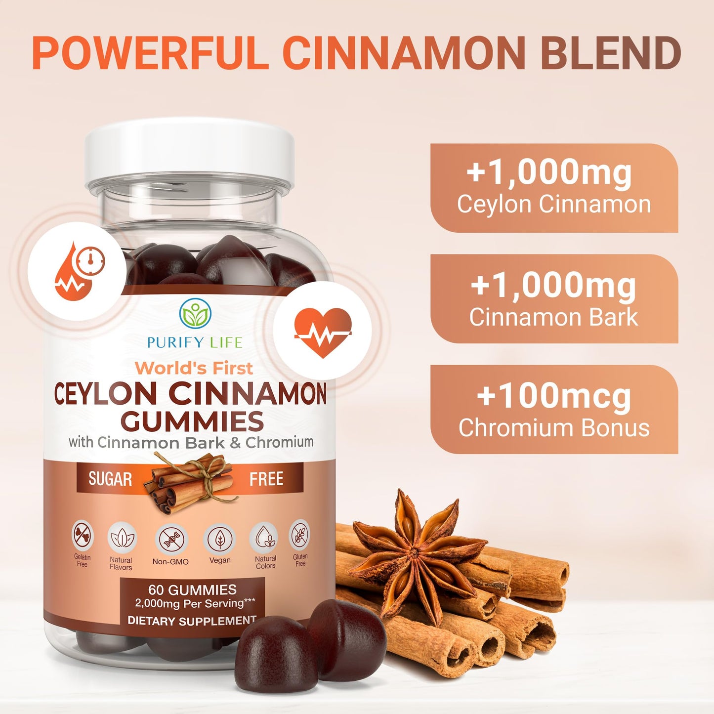 Sugar-Free Ceylon Cinnamon Gummies (2,000mg/Serving) – Vegan, Gluten-Free Herbal Cinnamon Supplement – Replace Cinnamon Capsules