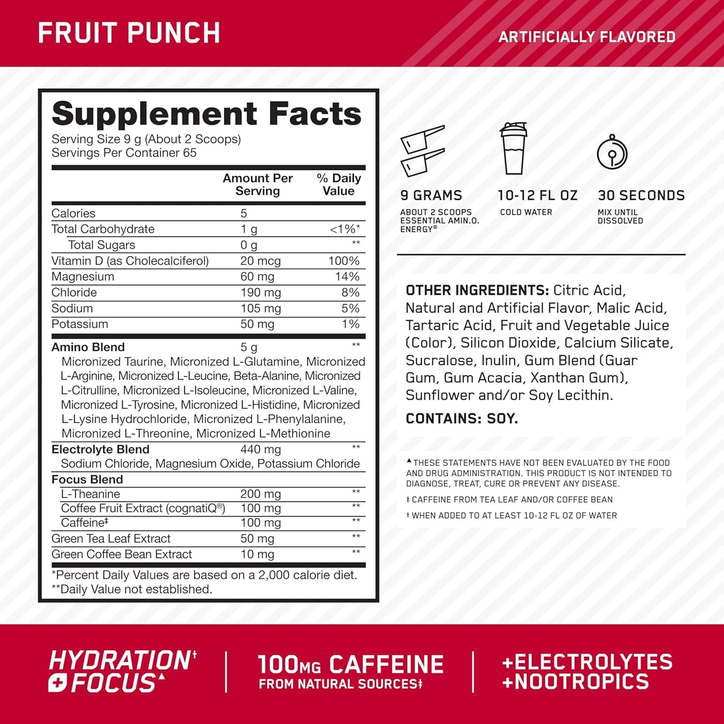 Optimum Nutrition Amino Energy Powder Plus Focus, Electrolytes, and Caffeine, Fruit Punch, 65 Servings (Packaging May Vary)