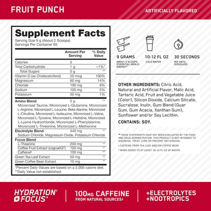 Optimum Nutrition Amino Energy Powder Plus Focus, Electrolytes, and Caffeine, Fruit Punch, 65 Servings (Packaging May Vary)