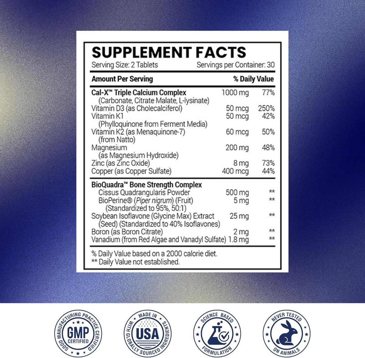 Research Verified Bone Health Support - Rebuild Bone Mass - Triple Calcium Complex, Vitamin D3, Vitamin K2, Soy Isoflavones, BioPerine - 60 Tablets - 1 Month Supply