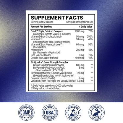 Research Verified Bone Health Support - Rebuild Bone Mass - Triple Calcium Complex, Vitamin D3, Vitamin K2, Soy Isoflavones, BioPerine - 60 Tablets - 1 Month Supply