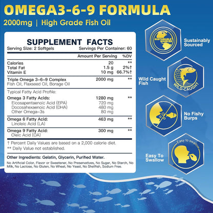 DRFOSTER Triple Omega 3-6-9 Fish Oil 2000mg with Vitamin E, 120 Softgels | EPA and DHA Fatty Acids with Flaxseed and Borage, Supports Heart, Brain, Eye, Joint, Skin, and Immune Health, Non-GMO