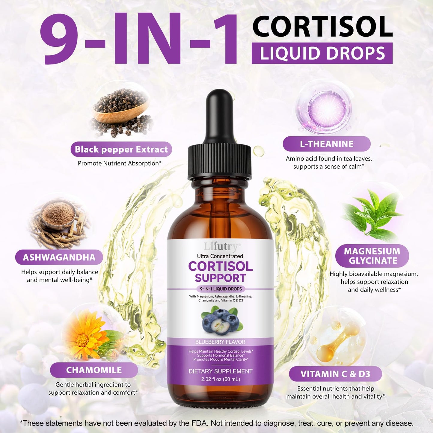 Cortisol Supplements for Women & Men, Cortisol Reducer 10 In 1 Cortisol Detox Liquid Drops with Magnesium, Ashwagandha, L-Theanine Liquid Drops, Hormone Balanced,Promotes Mood & Mental Clarity 2 Fl.Oz