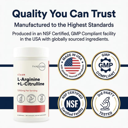 Type Zero L-Arginine + L-Citrulline Supplement (1500mg) 180 Capsules | Nitric Oxide Booster, Clean, Keto-Friendly, GMO-Free, 90 Servings