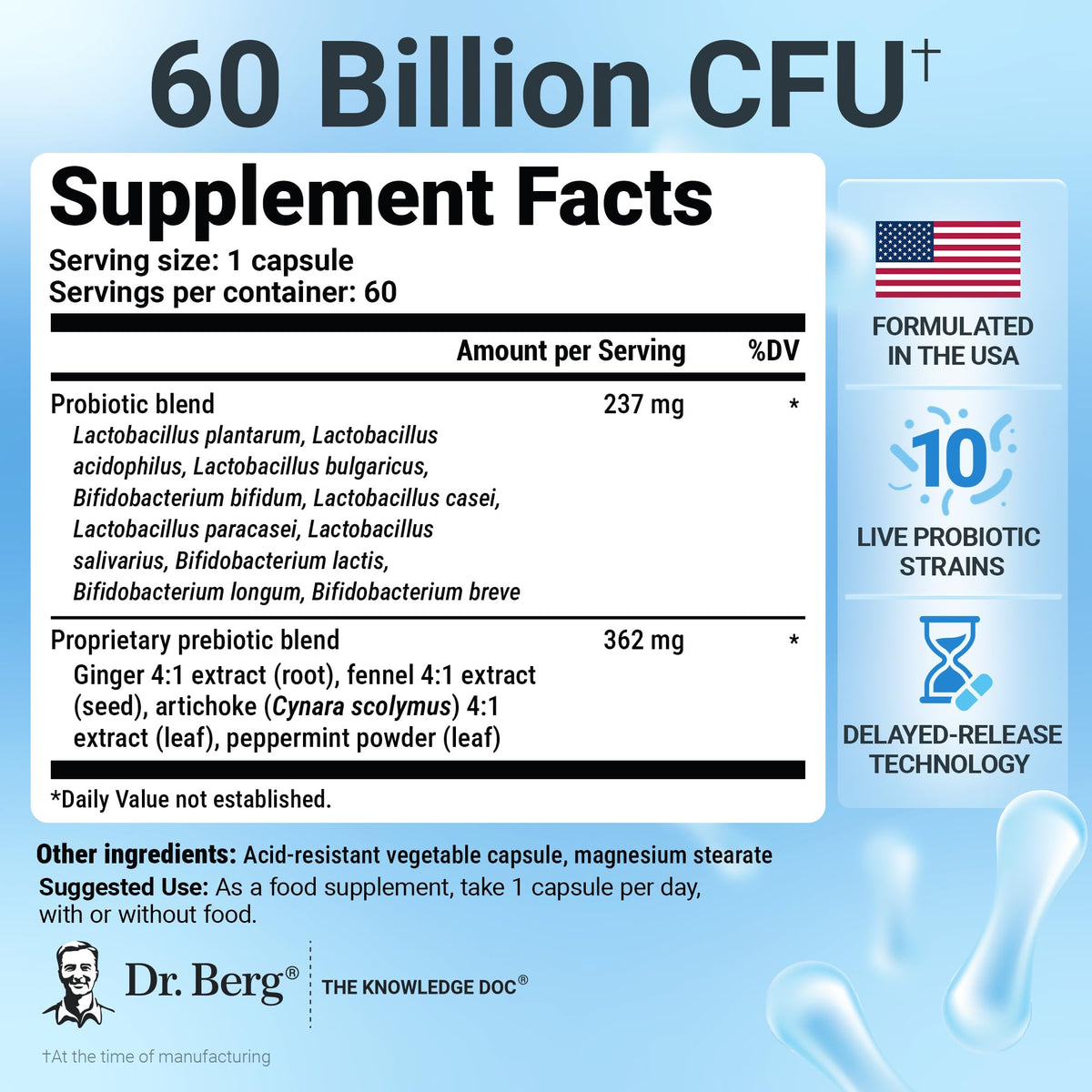 Dr. Berg Probiotic Supplement (60 Billion CFUs) - Helps Ease Occasional Constipation, Diarrhea, Gas & Bloating* - Pre and Probiotics for Digestive Health - 30 Probiotic Capsules