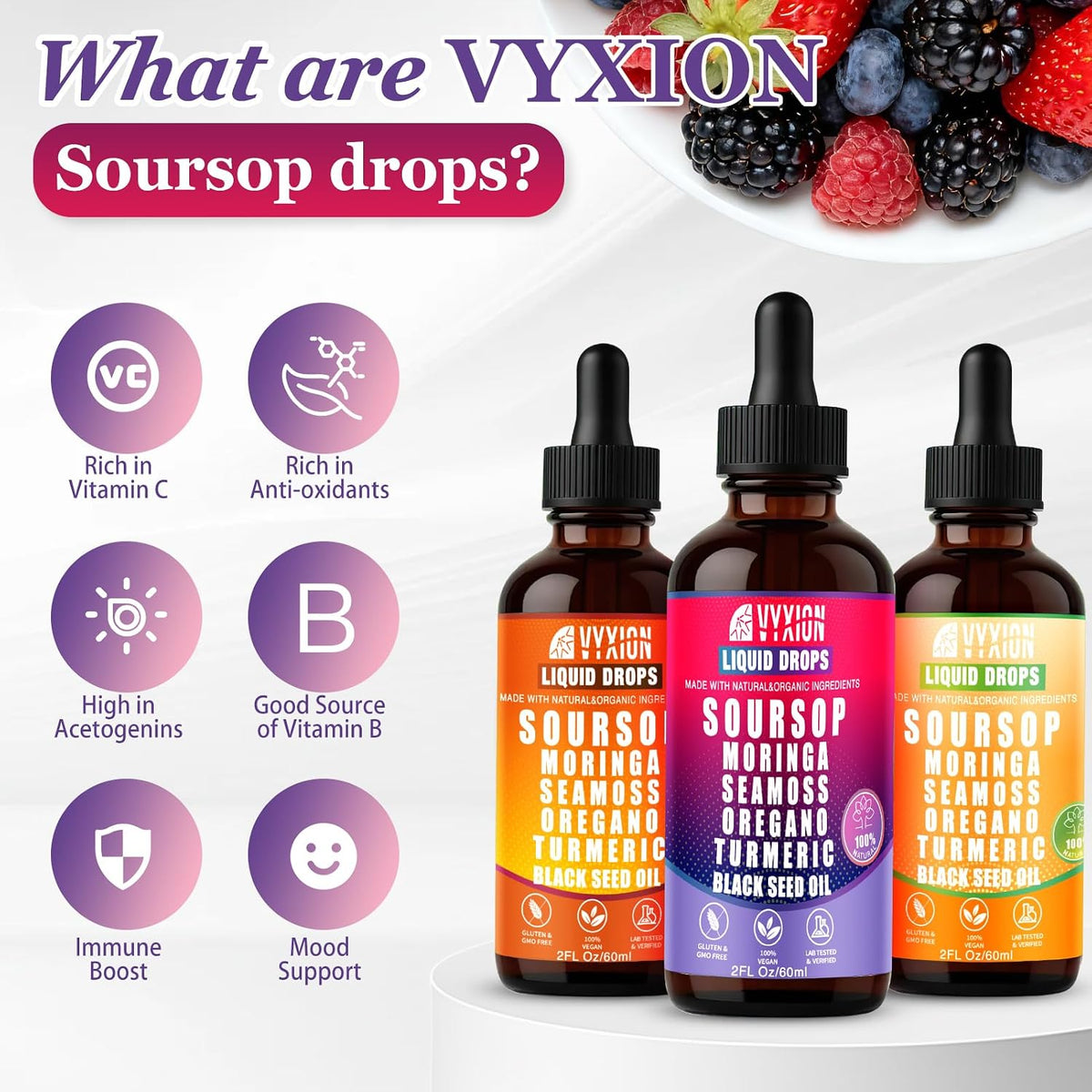Soursop Bitters Liquid Drops 10 in 1 with Sea Moss, Moringa, Turmeric, Black Seed Oil, Oregano, Ashwagandha | Herbal Extracts for Overall Health-Enhancing |Vegan, Non-GMO| 2 Fl Oz(Mixed Berry Flavor)