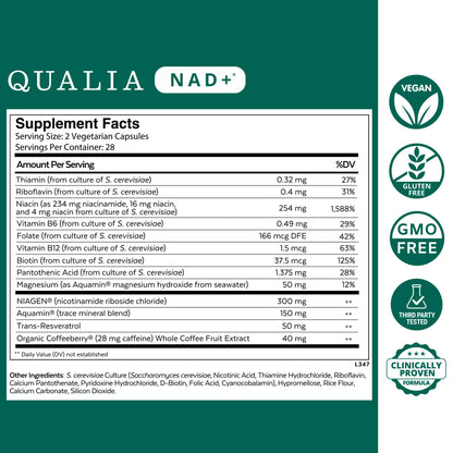 Qualia NAD Supplement — Clinically Proven to Boost NAD+ up to 67%. Optimized Aging, Energy, Focus. Elite Ingredients Nicotinamide Riboside (NIAGEN), Niacin, Niacinamide (1 Month Supply) QUALIA LIFE SCIENCES buy supplements Au
