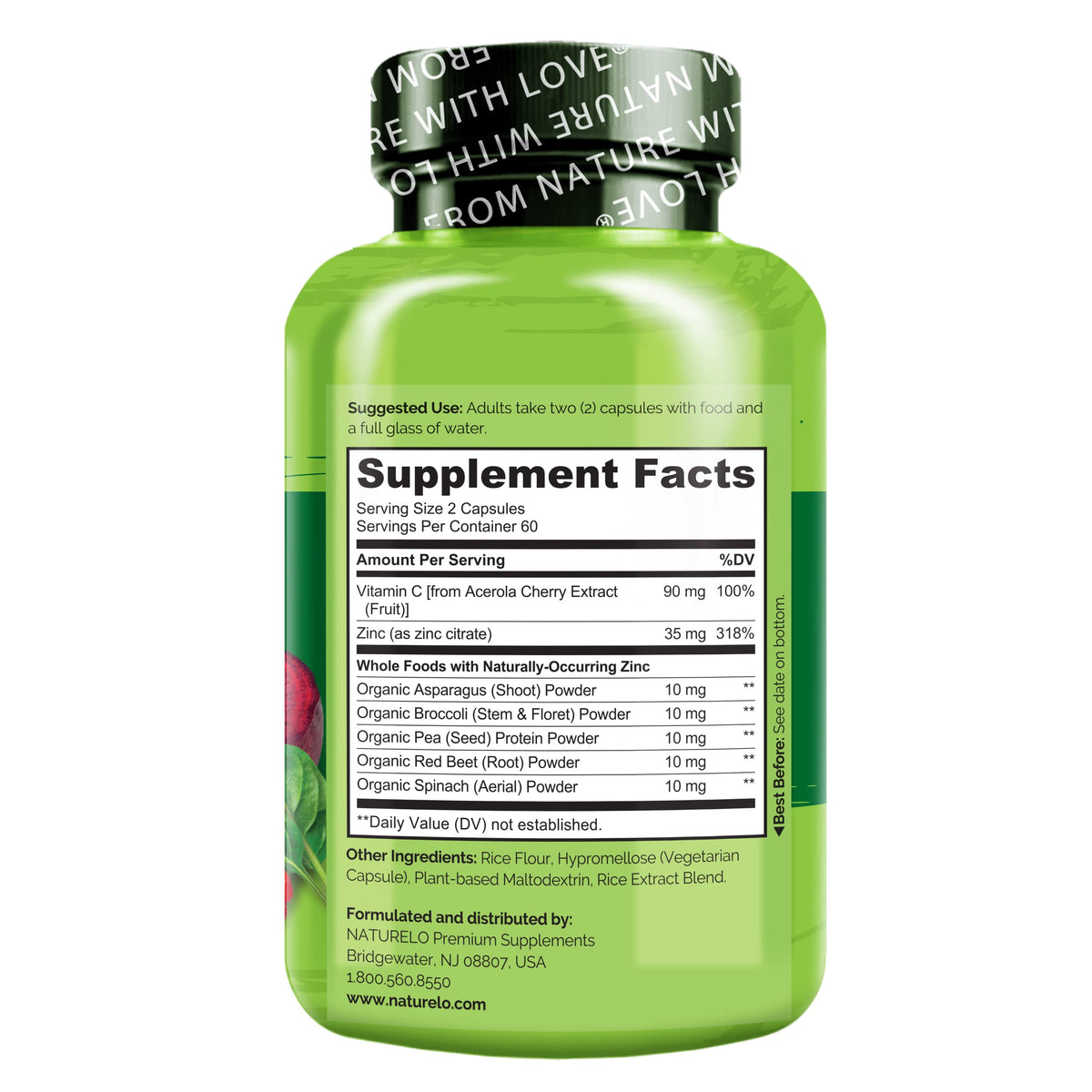 NATURELO Vegan Zinc Immune Support Capsules - Whole Food Complex with Vitamin C for Healthy Skin, Hair, and Nails - 120 Capsules