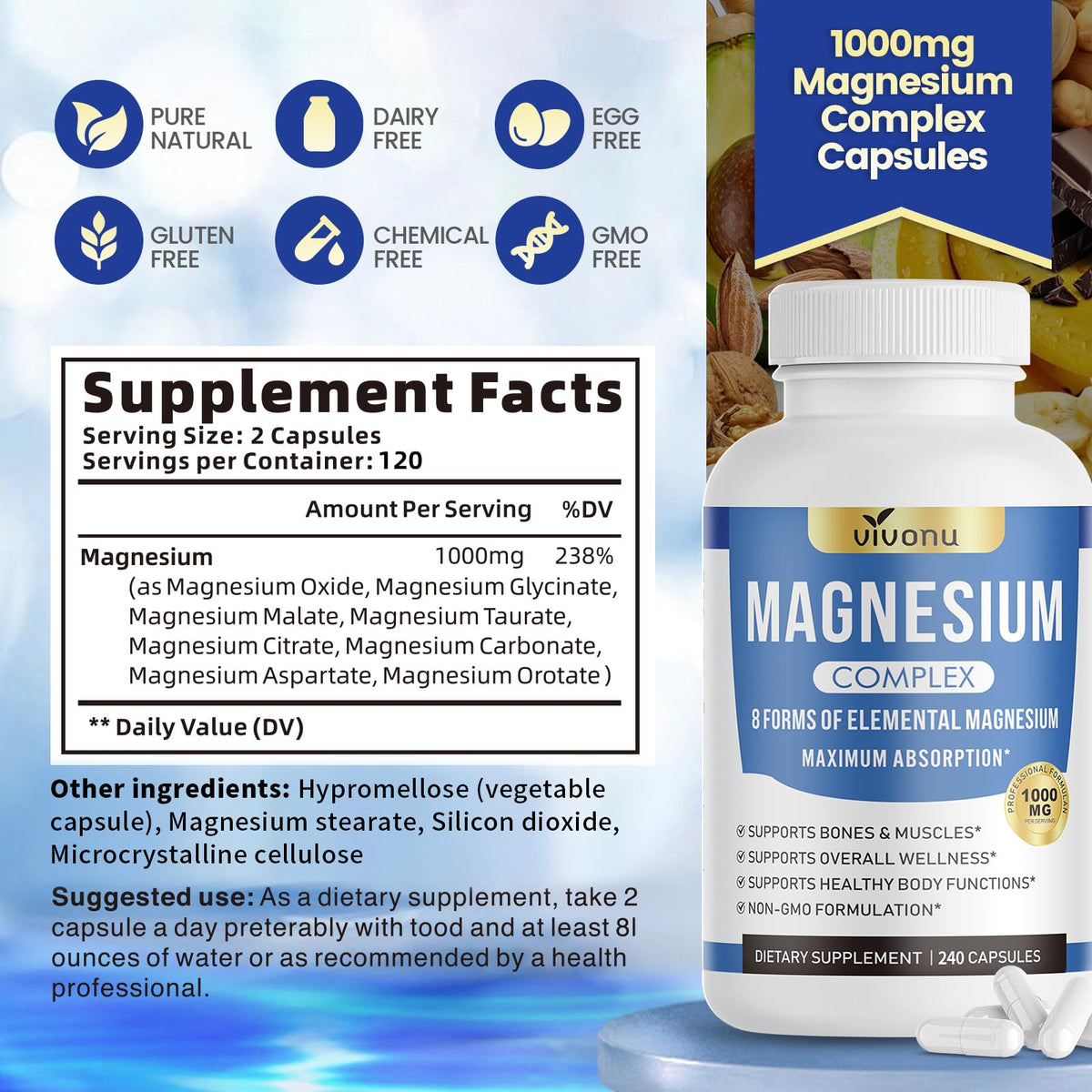 Pure Magnesium Glycinate 500mg, Magnesium Supplement with Vitamin B6 for High Absorption, Supports Stress Relief, Sleep, Muscle, Calm, Relaxation, Nerves* & Metabolism*, Non-GMO, 240 Vegan Capsules
