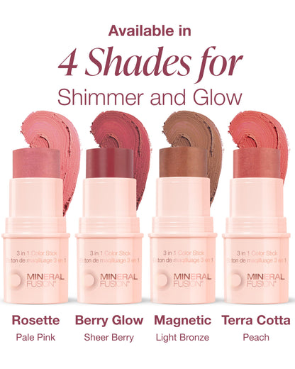 Mineral Fusion 3-in-1 Color Stick - Hydrating Tinted Cream Blush for Cheeks, Lip and Eye - Natural Multi Use Makeup (Berry Glow)
