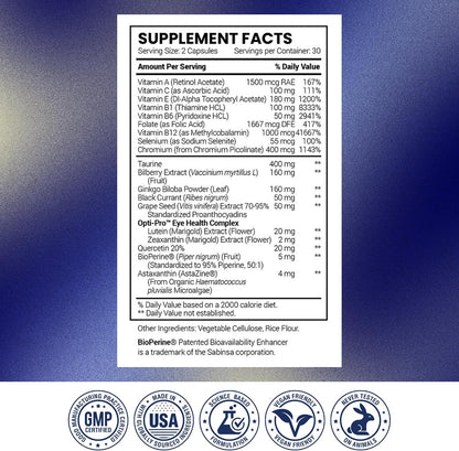 Research Verified Eye Health - Nourish and Protect Eyes and Vision, Support Healthy Retina, Improve Blood Supply to Eyes - Vitamins A, B, C, and E - 60 Capsules - Made in the USA