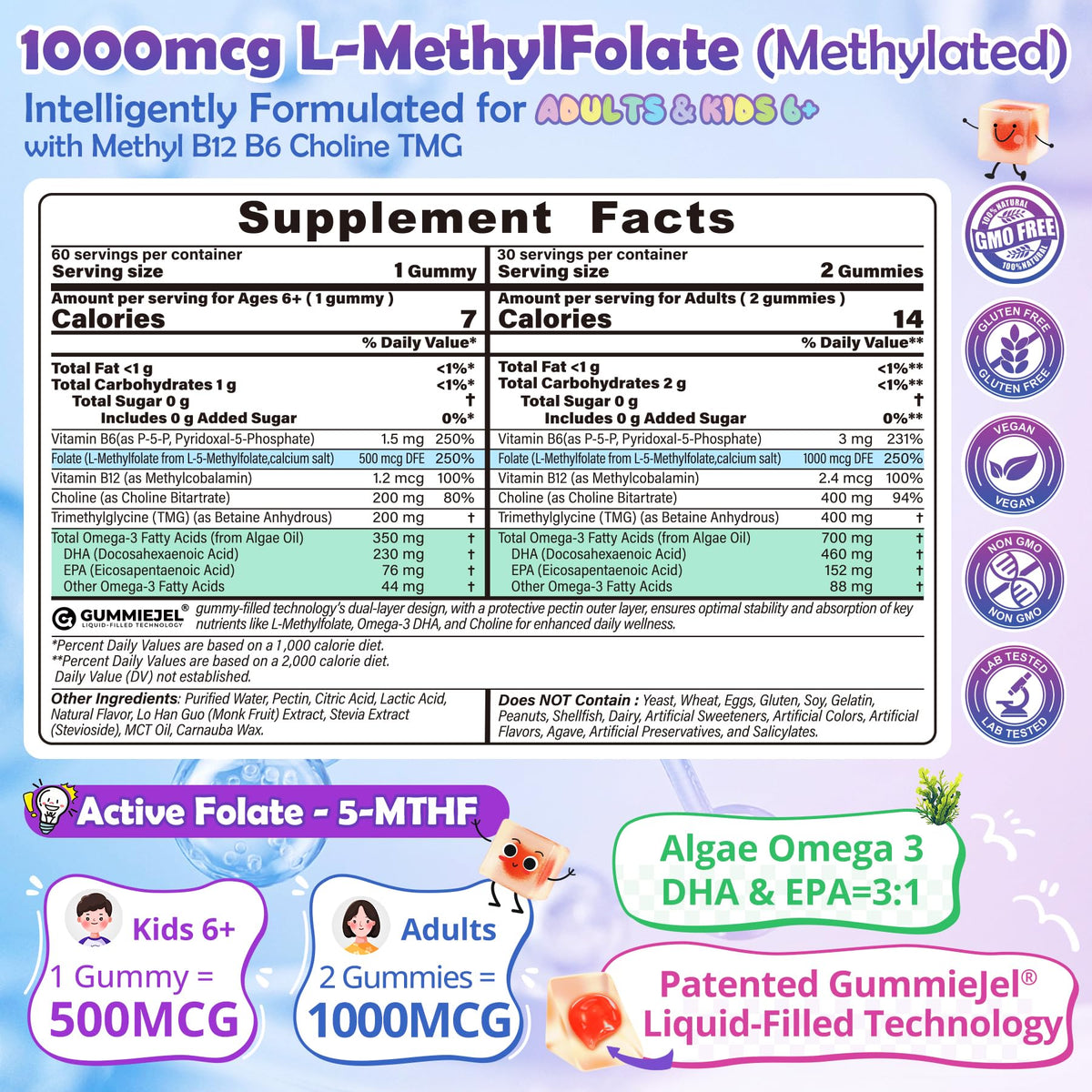 L-Methylfolate 1000 mcg + Methyl B12 Gummies for Kids & Adults - Active 5-MTHF, w/Omega-3 DHA & EPA(3:1), Choline & TMG, B6, Supports MTHFR Gene, Brain, Energy & Methylation, Sugar free, 60 Cts