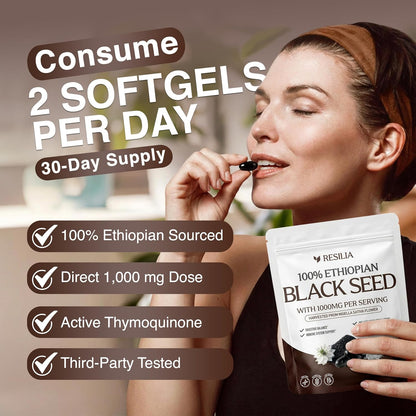 Resilia Ethiopian Black Seed Softgels 1000mg Per Serving – Premium Nigella Sativa Seed Oil Supplement – Digestive & Immune Support Formula – Easy to Swallow Soft Capsules (60 Count)