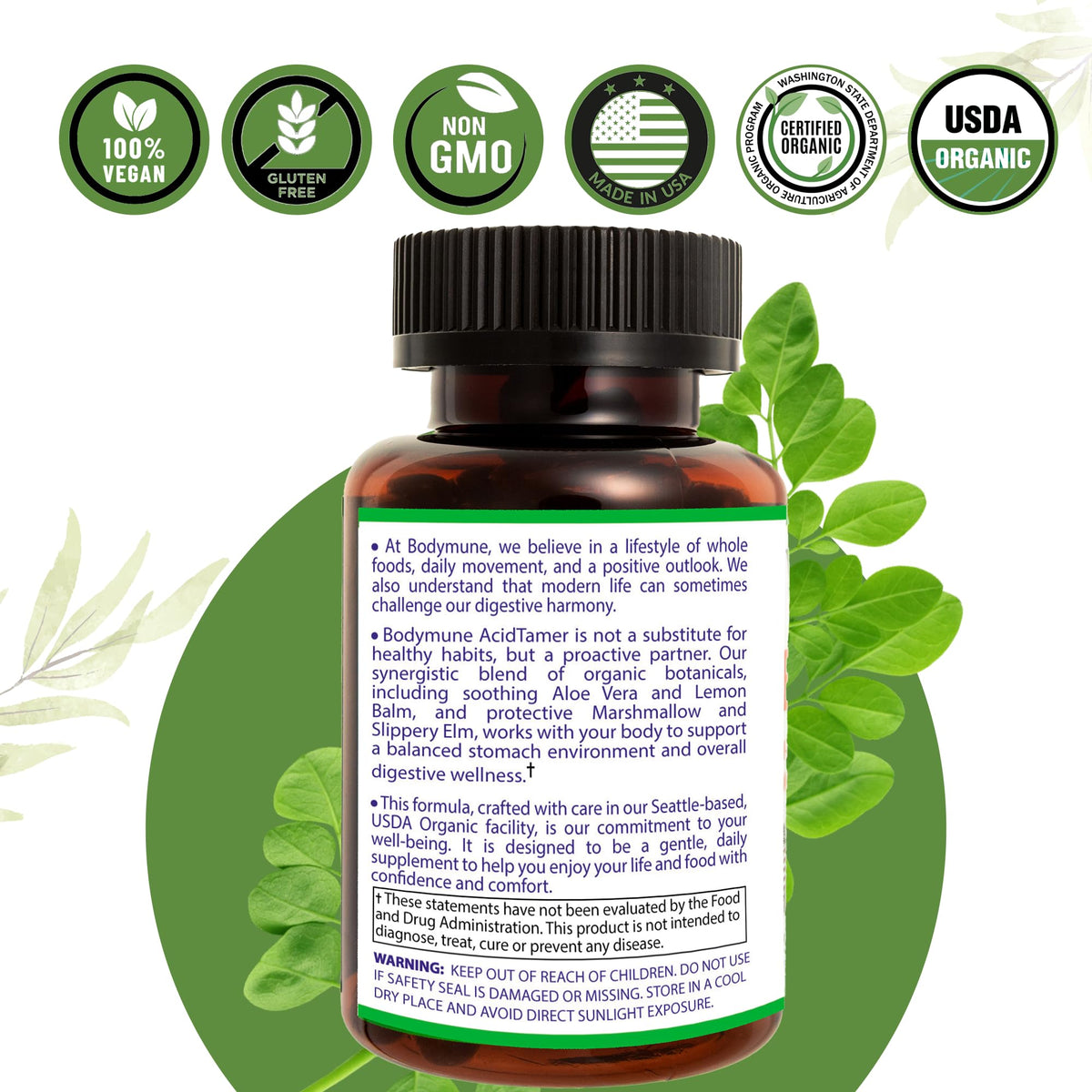 Bodymune Occasional Heartburn & Digestive Comfort Supplement AcidTamer – Drug-Free Daily Support for Stomach Comfort & Digestive Balance – USDA Organic, Vegan, Non-GMO – 60 Caps (2-Month Supply)