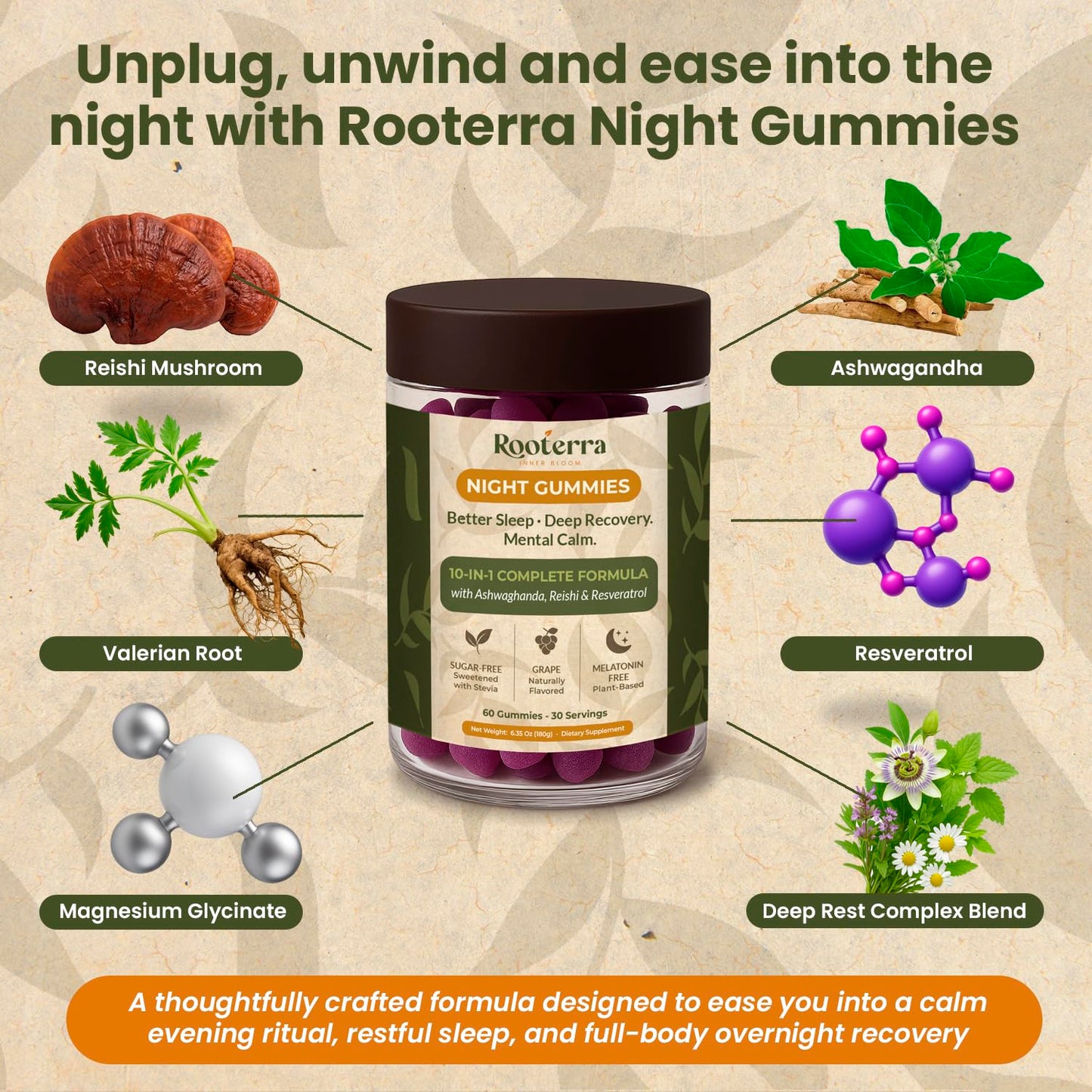 Night Gummies – Melatonin-Free, Reishi, Ashwagandha, Valerian, Magnesium, Resveratrol & Relaxing Botanicals – Supports Evening Calm