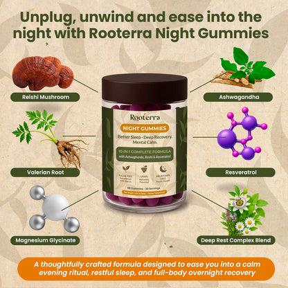 Night Gummies – Melatonin-Free, Reishi, Ashwagandha, Valerian, Magnesium, Resveratrol & Relaxing Botanicals – Supports Evening Calm