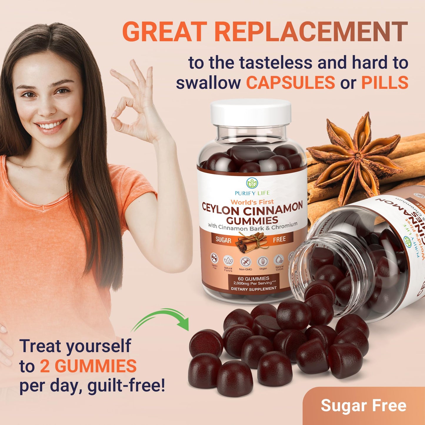 Sugar-Free Ceylon Cinnamon Gummies (2,000mg/Serving) – Vegan, Gluten-Free Herbal Cinnamon Supplement – Replace Cinnamon Capsules