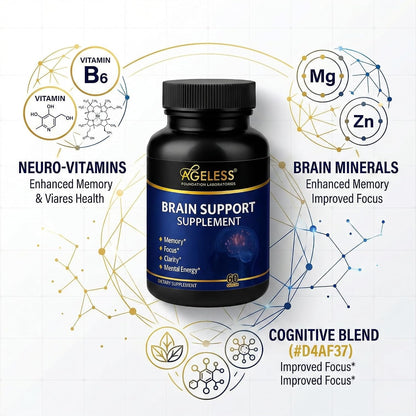 Ageless Brain Supplement for Memory and Focus, 60 Capsules | Mental Clarity & Cognitive Support Formula with Vitamins B6 & B12 | Supports Brain Health, Alertness & Daily Performance