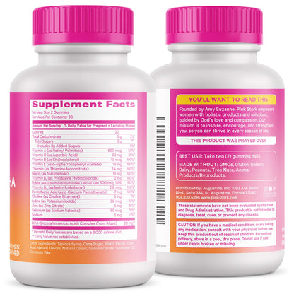 Pink Stork Premium Prenatal Gummy Vitamins, 60 Gummies, 30-Day Supply | Vegan Algae DHA, Methylated Folate + Methylcobalamin, MTHFR-Friendly, No Iron, No Fishy Aftertaste