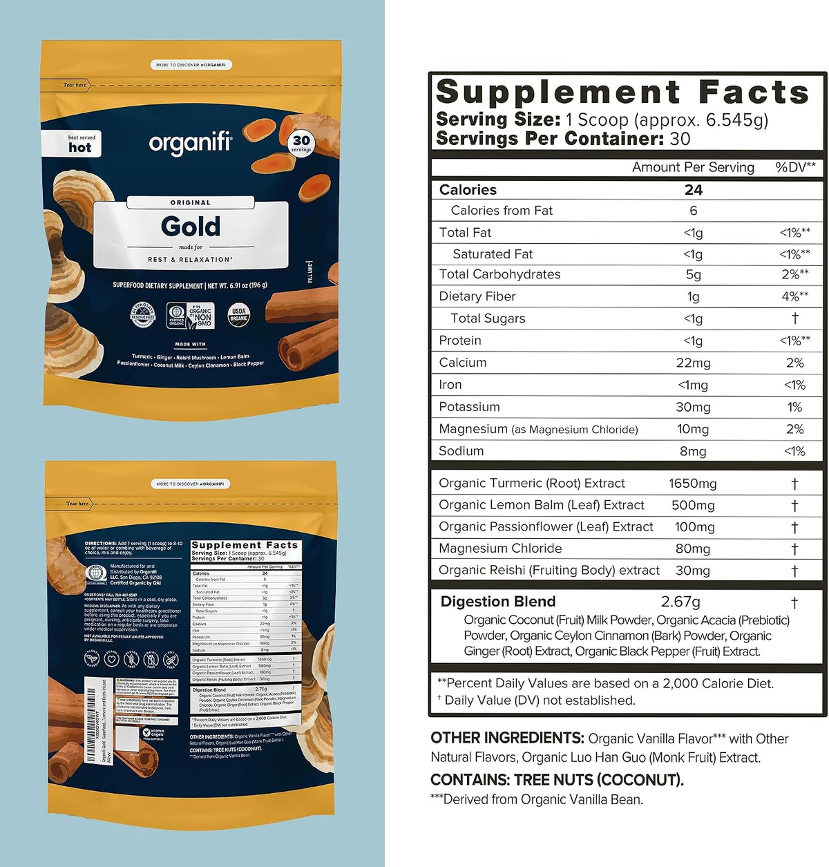 Organifi: Gold - Superfood Supplement Powder- 90 Servings (3 Pack) - Stress Support, Better Rest, Relaxation and Promotes Restful Sleep - Turmeric and Reishi Infused
