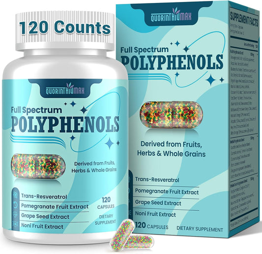 (120 Count) Polyphenols Supplement 1500mg – Over 20 Fruit, Herbal & Cereal Full Spectrum Polyphenol Complex with Resveratrol, Grape Seed & Green Tea – Tri-Color MicroBeadlets – Powerful Antioxidant