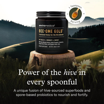 Bee-Ome Gold Raw Manuka Honey with Probiotics & Royal Jelly, 7.4oz | Unpasteurized raw Manuka honey with bee pollen & propolis. Functional superfood honey by Enviromedica. 7.4 oz.