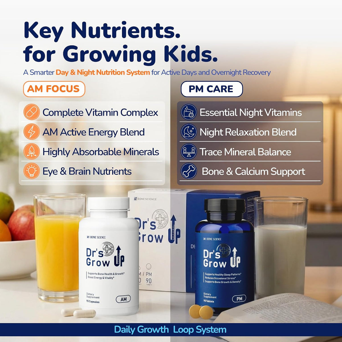 BONE SCIENCE Dr's Grow UP AM & PM Bone Support for Kids & Teens, D3 K2 MK-7