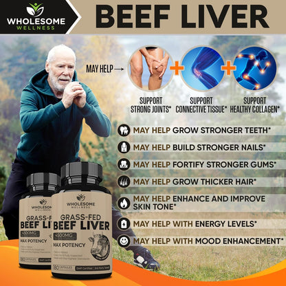 Grass Fed Desiccated Beef Liver Capsules (180 Pills, 750mg Each) + Liposomal Vitamin C Capsules (200 Pills 1500mg Buffered) High Absorption VIT C Bundle