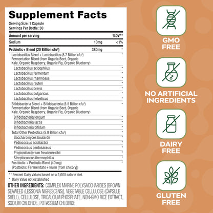 Social Naturals Daily Probiotic Capsules for Gut Health & Bloating | Bifidobacterium | Multi-Strain with Prebiotic + Postbiotic | 20 Billion CFU | Vegan | 30 Capsules