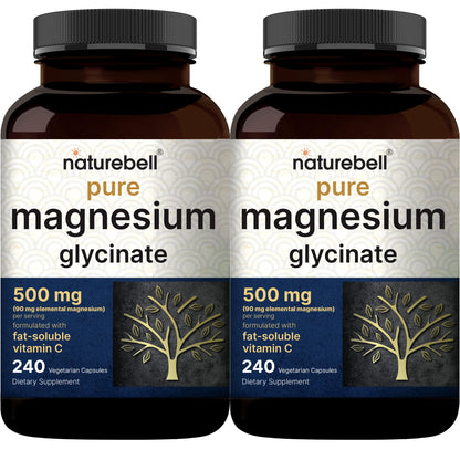 NatureBell Pure Magnesium Glycinate 500mg Per Serving, 240 Veggie Capsules | 100% Chelated & Purified Magnesium Supplement for Women & Men. 3rd Party Tested, Vegan Friendly, Non-GMO, Filler Free.