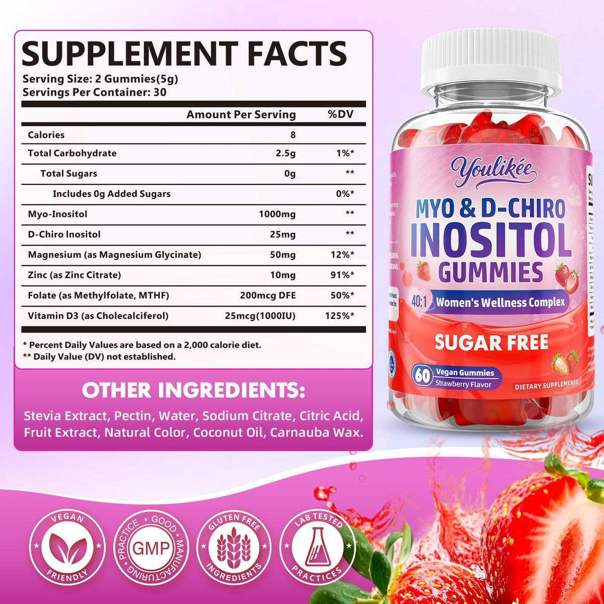 Myo-Inositol & D-Chiro Inositol Gummies for Women, Sugar-Free, 60 Count | Ideal 40:1 Ratio with Vitamin D3, Folate, Magnesium and Zinc - Support Female Health & Wellness, Strawberry Flavor