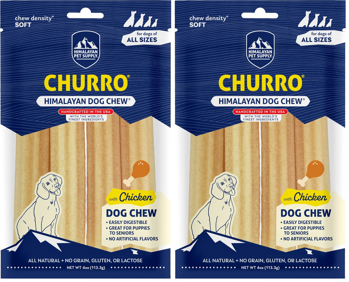 Himalayan Dog Chew Churro, Soft Yak Cheese Treat, Peanut Butter, 4 Sticks | 100% Natural, Soft Density Dental Support, Gluten Free, Healthy Safe Dog Treats for All Breeds and Ages, Lactose & Grain Free