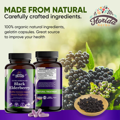 Black Elderberry Capsules | 180 Count | Sambucus Elderberry Vitamins, Non-GMO, Gluten Free, Organic Elderberry Extract Sambucus Nigra